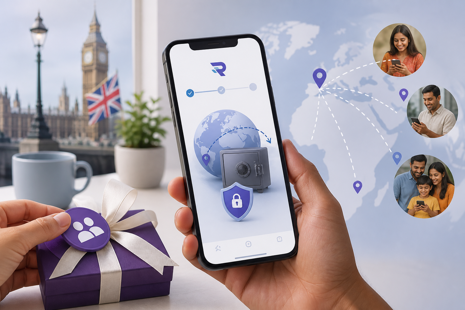 A clean UK-focused Riz Remit referral graphic with a smartphone showing a secure international transfer journey, subtle UK...